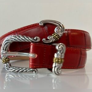 Brighton Red Croc-Embossed Leather Belt ML 32 | Silver Scroll Buckle & Tips USA